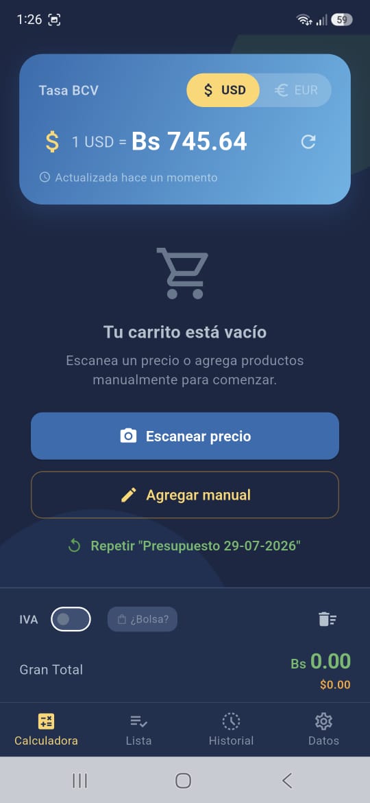 Pantalla principal de cuantoES mostrando la calculadora BCV